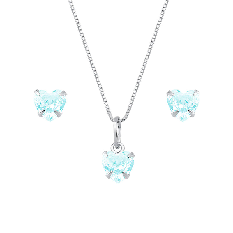 Conjunto de Coração Azul em Zircônia Prata 925