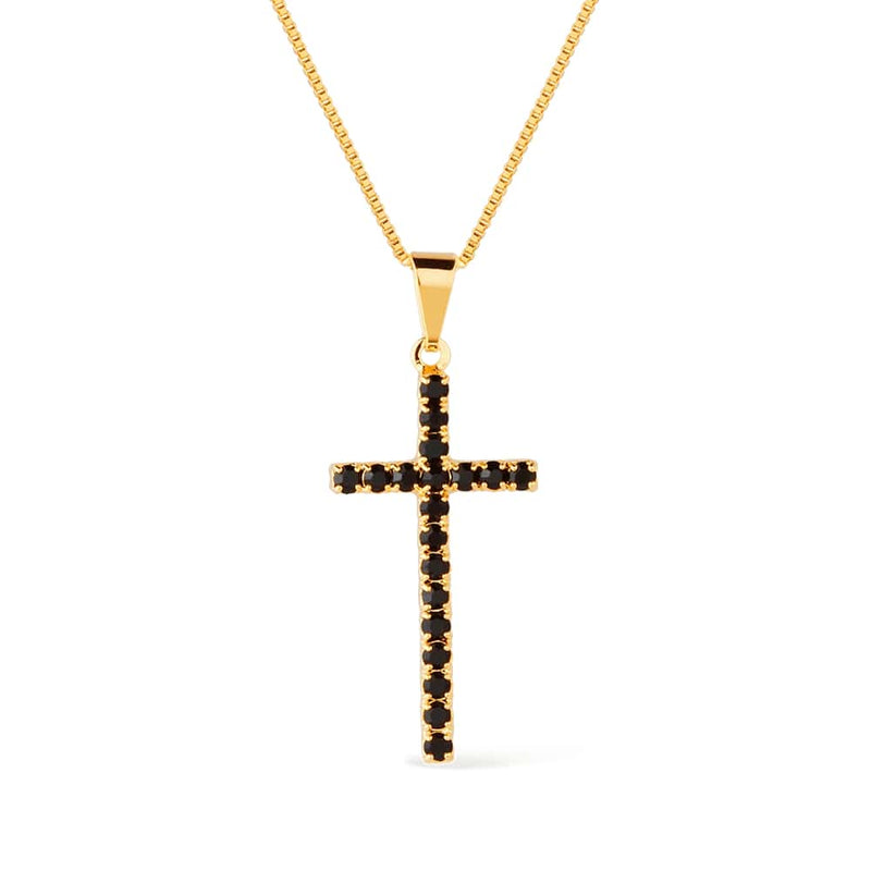 Colar Dourado de Cruz Cravejado de Pedra Natural Negra