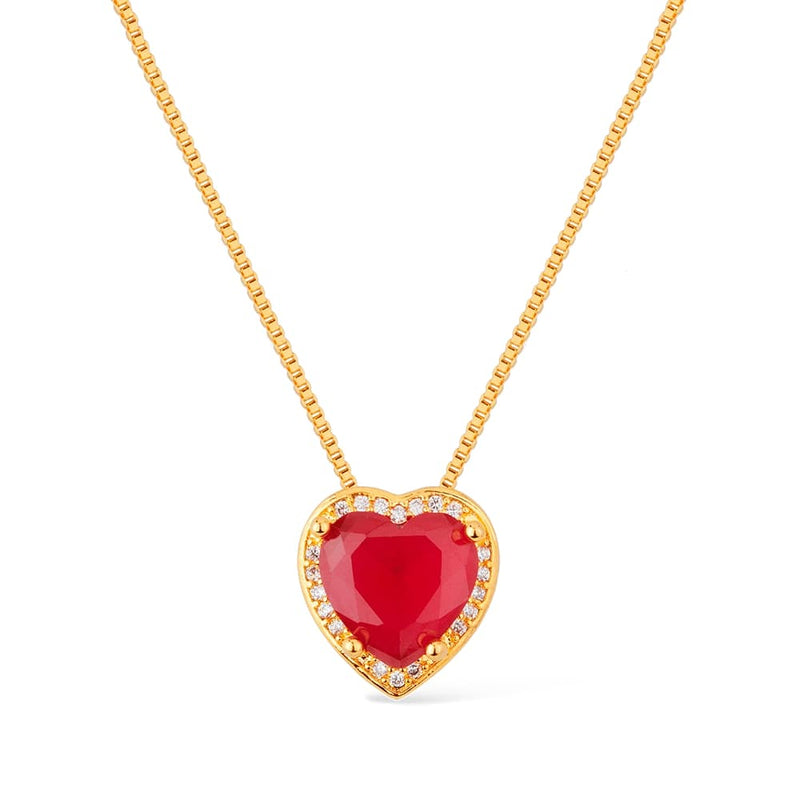 Colar Dourado de Pedra Natural Vermelha Coração Cravejado de Zircônia