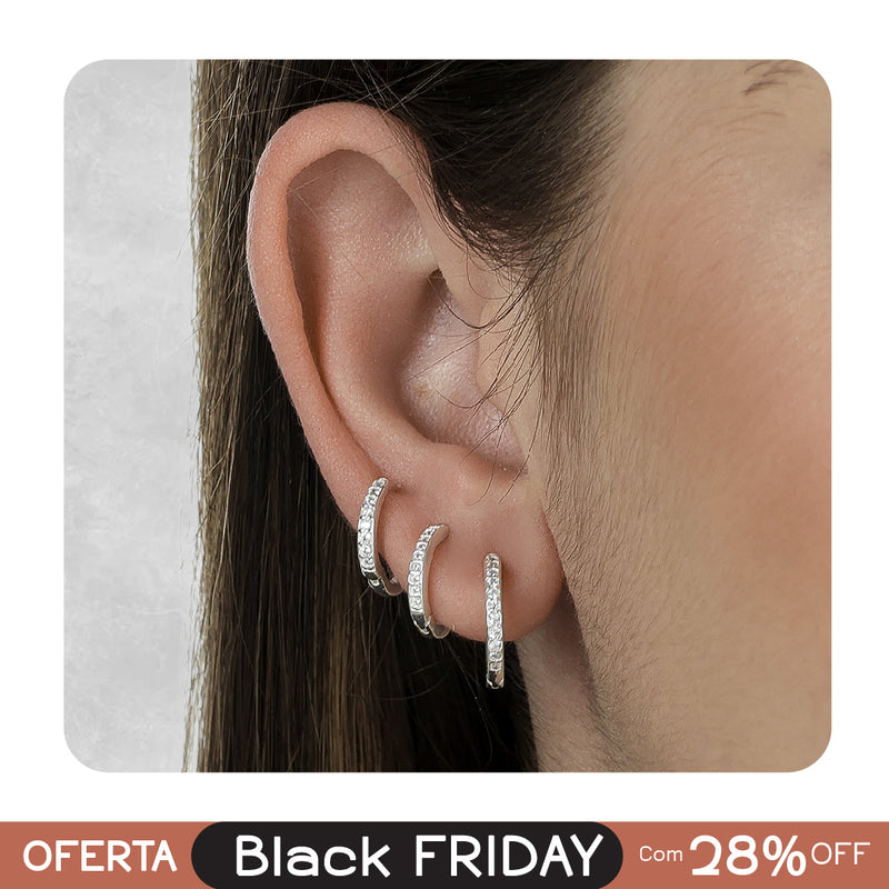 Trio de Argolas Cravejadas de Zircônias em Prata 925